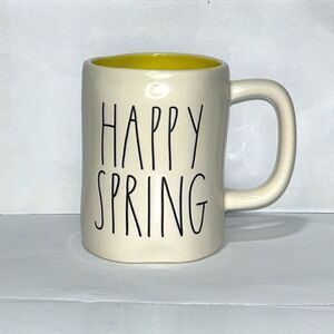 Rae Dunn Happy Spring Mug Yellow 20oz Large Coffee Cup w Gold Interior